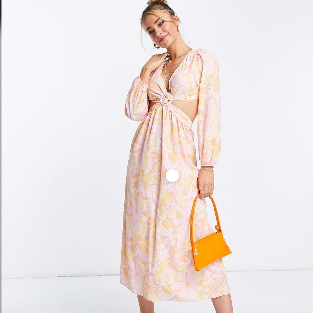 Miss Selfridge ring detail cut out midi dress in pink swirl print